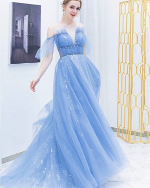 Light Blue Off the Shoulder Sparkle Formal Dress BD2171