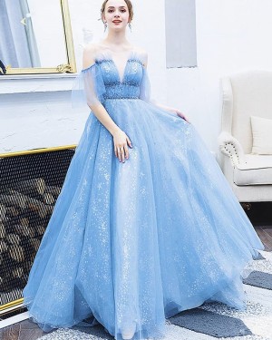 Light Blue Off the Shoulder Sparkle Formal Dress BD2171