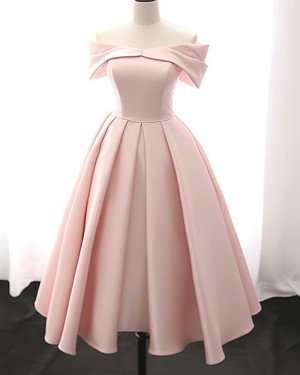 Pearl Pink Off the Shoulder Pleated Knee Length Formal Dress BD2173