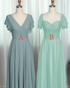 Chiffon Ruched V-Neck Sage Bridesmaid Dress With Short Sleeves Bd2174