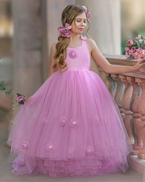 Tulle Pleated Scoop Lavender Girls Pageant Dress with Handmade Flowers FG1057