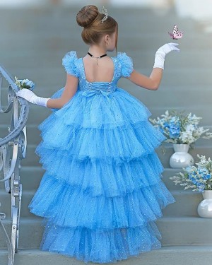 Blue Jewel Neckline Sparkle High Low Ruffled Girls Pageant Dress FG1058