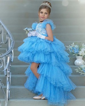 Blue Jewel Neckline Sparkle High Low Ruffled Girls Pageant Dress FG1058