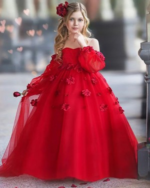 Tulle Handmade Flower Red Strapless Girls Pageant Dress with Long Sleeves FG1059
