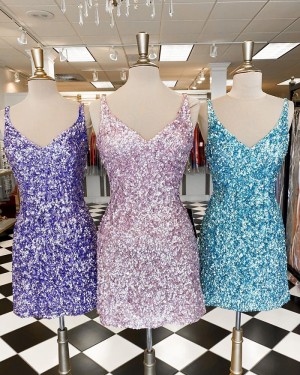 V-neck Lavender Sequin Sheath Tight Short Formal Dress NHD3521