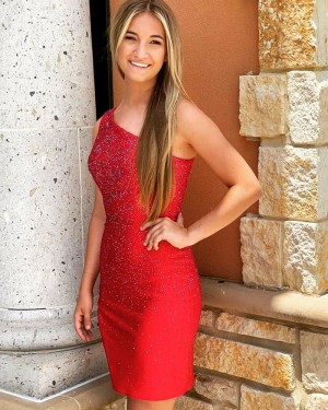 One Shoulder Red Beading Sheath Tight Short Formal Dress NHD3526