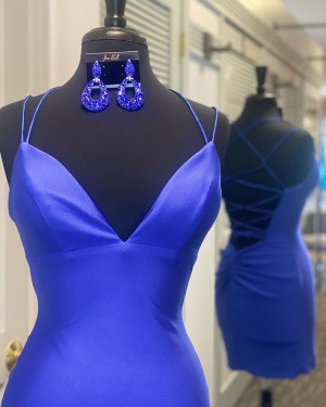 Spaghetti Straps Royal Blue Satin Tight Short Formal Dress NHD3530