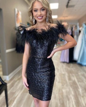 Off the Shoulder Black Sequin Tight Short Formal Dress with Feather NHD3531