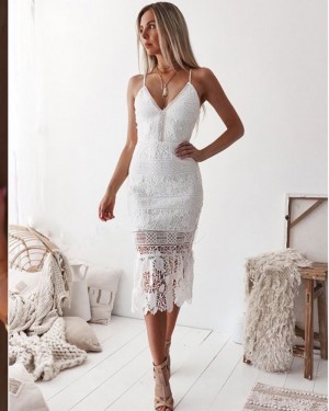 Spaghetti Straps Tight Ankle Length White Lace Formal Dress NHD3544