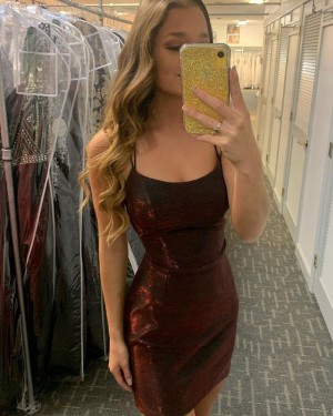 Spaghetti Straps Metallic Burgundy Tight Short Formal Dress NHD3553