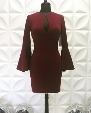 Jewel Neck Cutout Satin Burgundy Tight Short Formal Dress with Bell Sleeves NHD3557