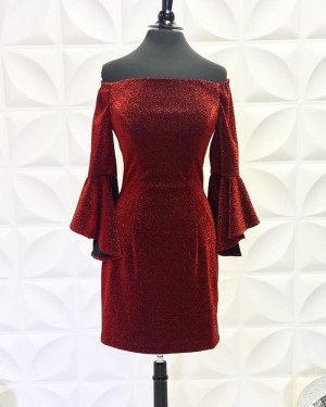 Burgundy Off the Shoulder Metallic Tight Short Formal Dress with Bell Sleeves NHD3558