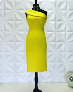One Shoulder Yellow Knee Length Satin Short Formal Dress NHD3559