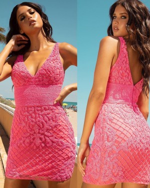 V-neck Fuchsia Sequin Lace Tight Short Formal Dress HD3592