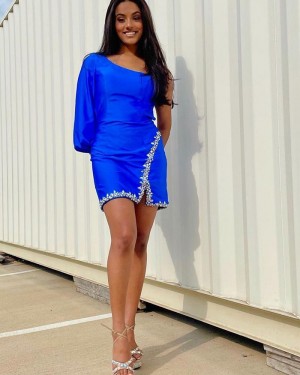 One Shoulder Blue Beading Tight Short Formal Dress with Long Sleeves HD3598