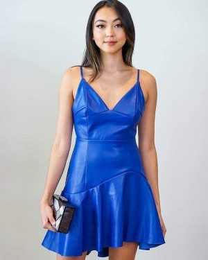 Spaghetti Straps Blue Asymmetrical Short Formal Dress HD3602