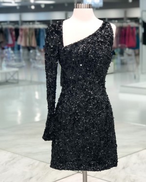 Asymmetric Sequin Black Tight Short Formal Dress with Long Sleeves HD3609