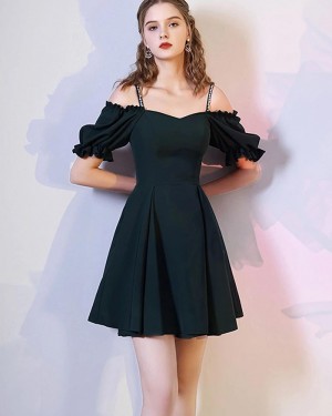 Cold Shoulder Black Chiffon Short Formal Dress with Short Sleeves HD3611