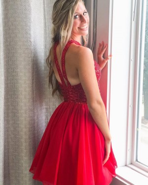 Criss-cross Red Sequin Bodice Short Formal Dress with Chiffon Skirt HD3617