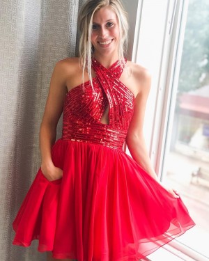 Criss-cross Red Sequin Bodice Short Formal Dress with Chiffon Skirt HD3617