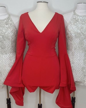 V-neck Red Satin Tight Short Formal Dress with Long Bell Sleeves HD3620