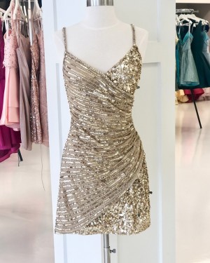Spaghetti Straps Gold Sparkle Beading Tight Short Formal Dress HD3626