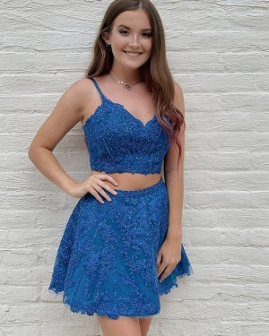 Spaghetti Straps Two Piece Beading Lace Blue Short Formal Dress HD3628