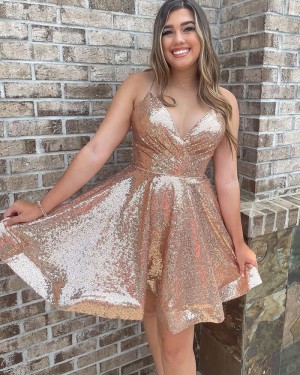Spaghetti Straps Rose Gold Sequin Ruched A-line Short Formal Dress HD3630