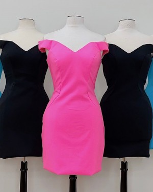 Simple Off the Shoulder Pink Satin Tight Short Formal Dress HD3632