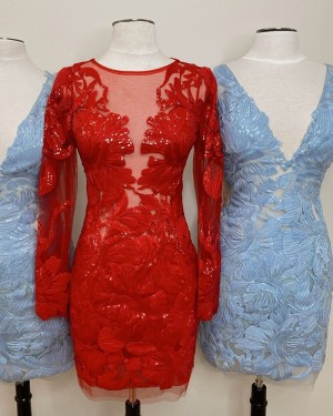 Jewel Neckline Sequin Lace Red Tight Short Formal Dress with Long Sleeves HD3640