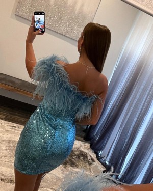 Blue One Shoulder Sequin Bodycon Short Homecoming Dress with Feather HD3644