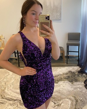 Dark Purple V-neck Sequin Bodycon Short Homecoming Dress HD3646