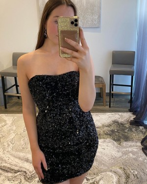 Strapless Black Sequin Bodycon Simple Short Homecoming Dress HD3647