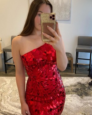 Special Glass Mirror One Shoulder Sequin Red Bodycon Short Homecoming Dress HD3648