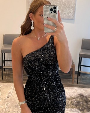 One Shoulder Black Sequin Bodycon Simple Short Homecoming Dress HD3649