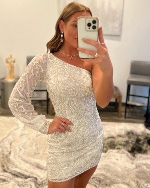 Beading Lace White One Shoulder Bodycon Short Homecoming Dress with Long Sleeves HD3651
