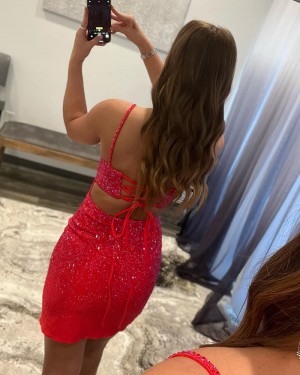 Red Beading Bodycon Spaghetti Straps Short Homecoming Dress with Side Slit HD3652