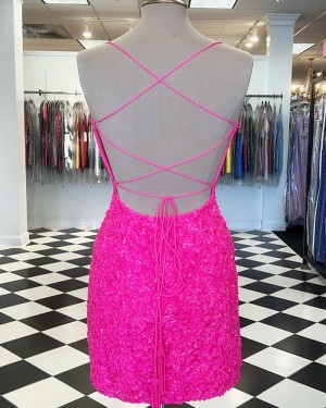 Pink Sequin Spaghetti Straps Tight Short Formal Dress HD3660