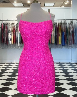 Pink Sequin Spaghetti Straps Tight Short Formal Dress HD3660