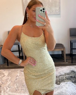 Special Sequin Spaghetti Straps Light Yellow Tight Short Formal Dress with Side Slit HD3664