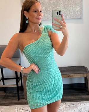 Cyan Stripe Sequin One Shoulder Tight Short Formal Dress with Handmade Feather HD3665