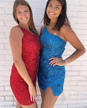 Blue Sequin One Shoulder Tight Short Formal Dress with Side Slit HD3673