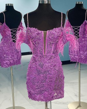 Purple Sequin Lace Spaghetti Straps tight Homecoming Dress with Feather HD3684