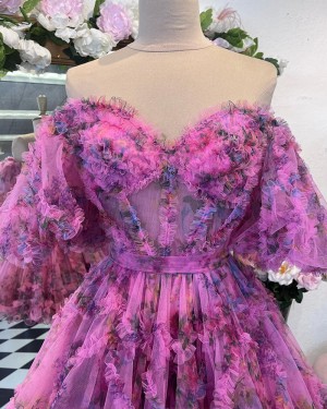 Floral Off the Shoulder Pleated Tulle Short Homecoming Dress HD3691