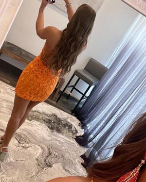 Orange Lace Applique Spaghetti Straps Tight Short Homecoming Dress HD3696