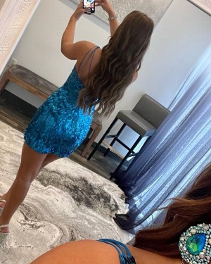 Royal Blue Sequin One Shoulder Short Homecoming Dress HD3697