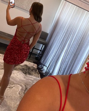 Burgundy Sequin Spaghetti Straps Tight Short Homecoming Dress HD3702