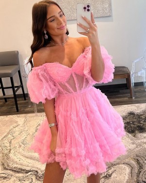 Off the Shoulder Tulle Pleated Pink Short Homecoming Dress with Short Sleeves HD3704