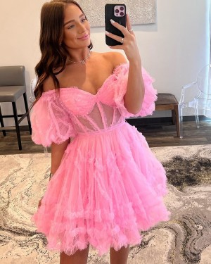 Off the Shoulder Tulle Pleated Pink Short Homecoming Dress with Short Sleeves HD3704