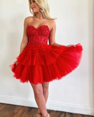 Red Beading Bodice Tulle Sweetheart Short Prom Dress with Layered Skirts HD3712